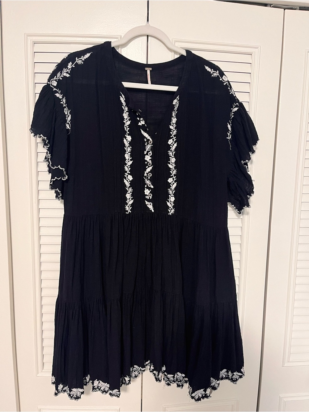 Free People - Black Embroidered Short Sleeve Tiered Dress